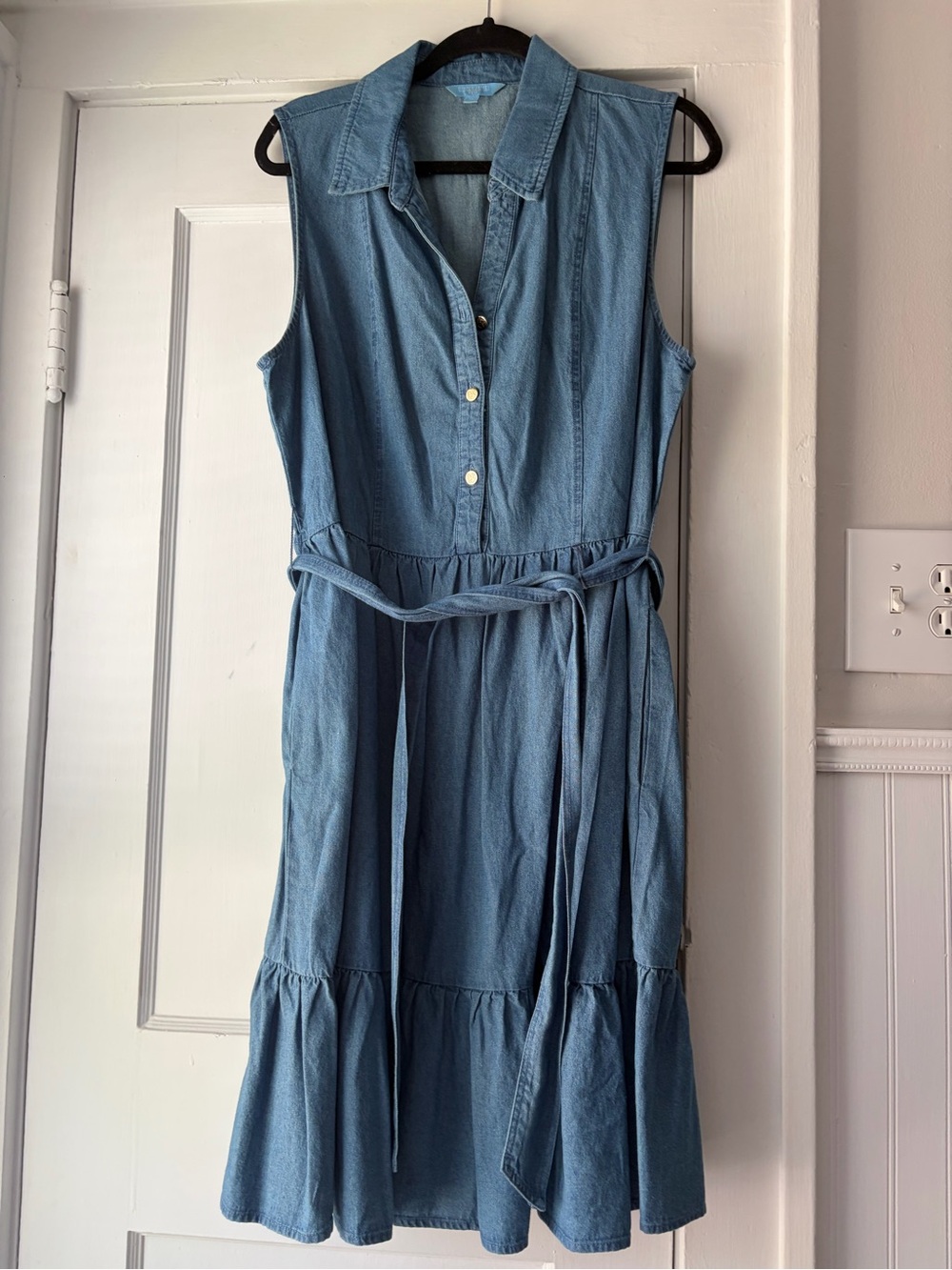 Sleeveless Light Denim Shirt Dress with Tie Waist